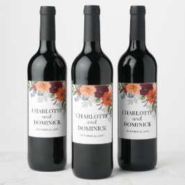 Burgundy Fall Garden Blommigt Bröllop Vinflaska Etikett