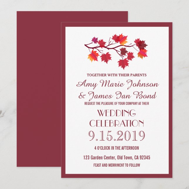 Burgundy Fall Höst löv Bröllopskort Inbjudningar (Fram/baksida)