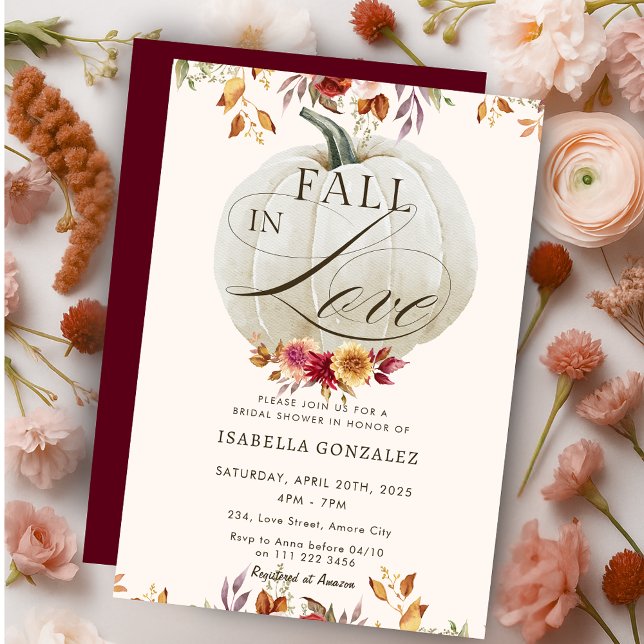 Burgundy Fall in Kärlek Pumpkin Blommigt Möhippa Inbjudningar (Burgundy Fall in Love Pumpkin Floral Bridal Shower Invitation)