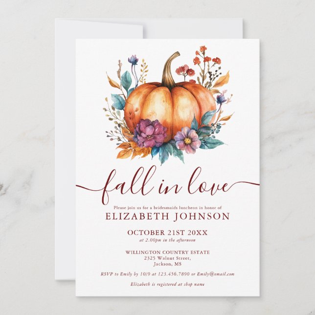 Burgundy Fall in Kärlek Pumpkin Bridesmaids Lunche Inbjudningar (Framsida)