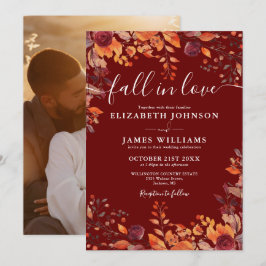 Burgundy Fall In Love Autumn Floral Photo Wedding Inbjudningar