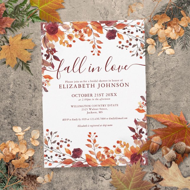Burgundy Fall In Love Bröllopsfest Inbjudan (Burgundy Fall In Love Bridal Shower Invitation)