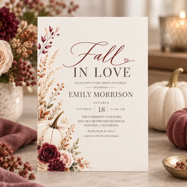 Burgundy Fall in Love Pumpkin Bröllops Luncheon Inbjudningar (Skapare uppladdad)