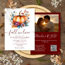 Burgundy Fall In Love Pumpkin Foto QR Bröllop Inbjudningar