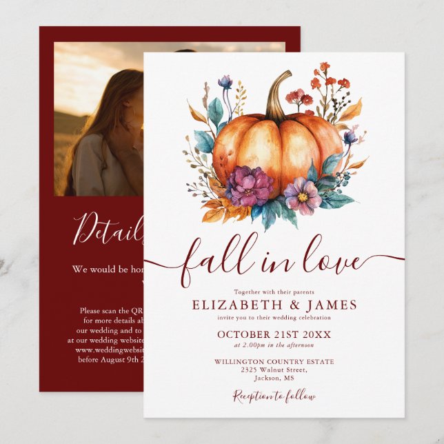 Burgundy Fall In Love Pumpkin Foto QR Bröllop Inbjudningar (Fram/baksida)