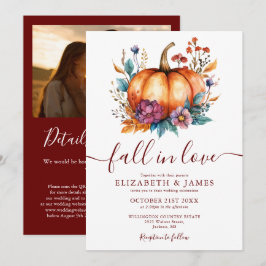 Burgundy Fall In Love Pumpkin Foto QR Bröllop Inbjudningar