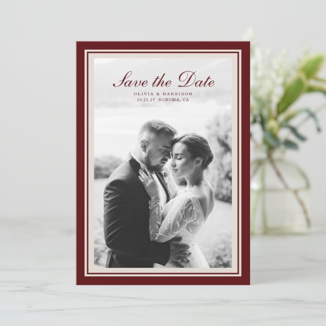 Burgundy Fall Photo Save the Date Card Inbjudningar (Stående Fram)