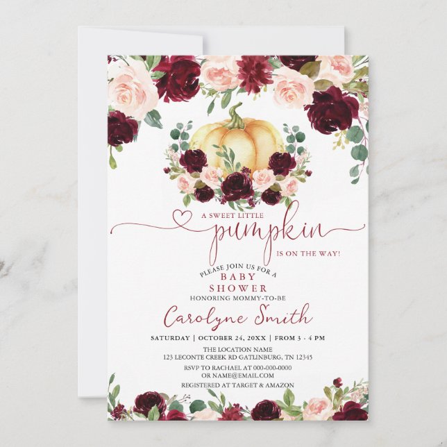 Burgundy Fall Pumpkin Baby Shower-inbjudan Inbjudningar (Framsida)