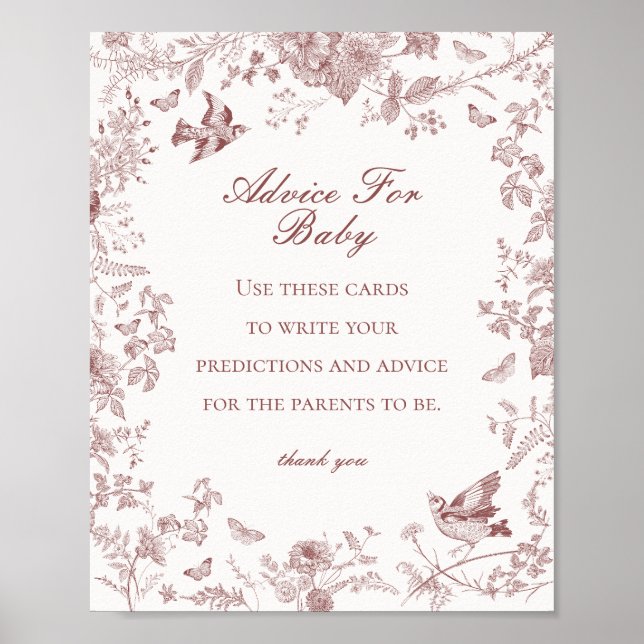 Burgundy Fall Toile De Jouy Advice for Baby Shower Poster (Framsidan)