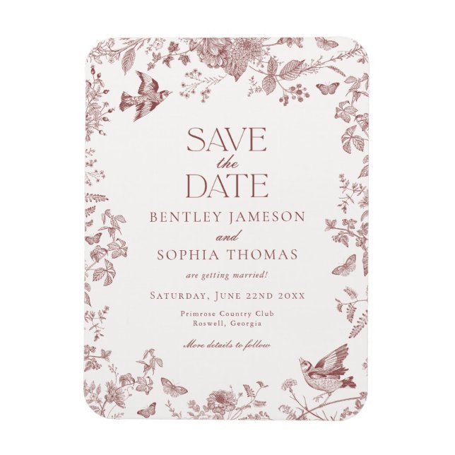 Burgundy Fall Toile De Jouy Blommig Save the Date Magnet (Vertikal)