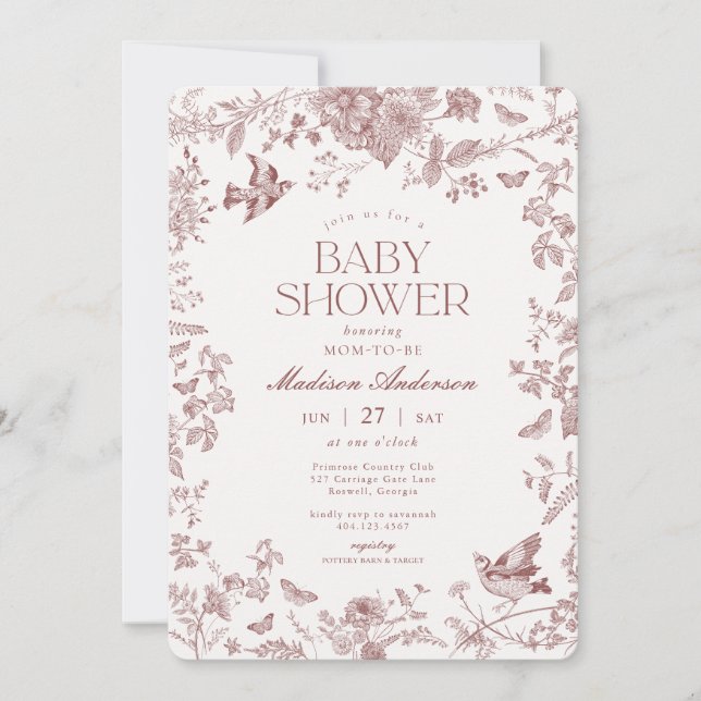 Burgundy Fall Toile De Jouy Blommigt Baby Shower Inbjudningar (Framsida)