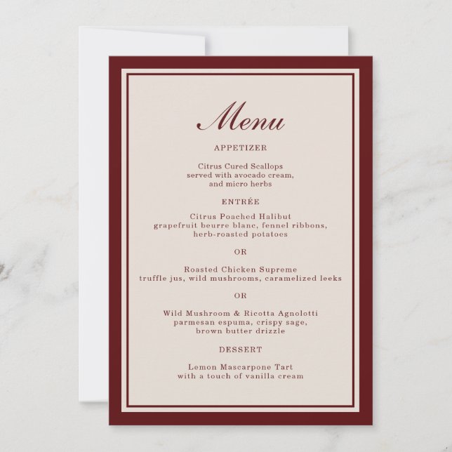 Burgundy Fall Wedding Menu Card Inbjudningar (Framsida)