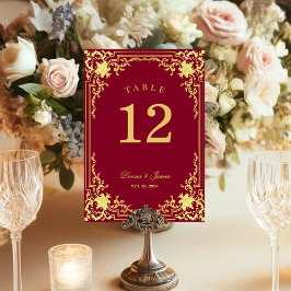Burgundy Falskt Guld Elegant Skript Vintage Bröllo Bordsnummer