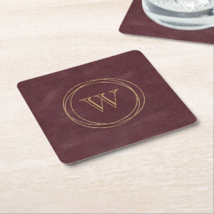 Burgundy Falsläder Guldcirklar Monogram Underlägg Papper Kvadrat