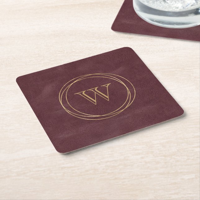 Burgundy Falsläder Guldcirklar Monogram Underlägg Papper Kvadrat (Vinklad)