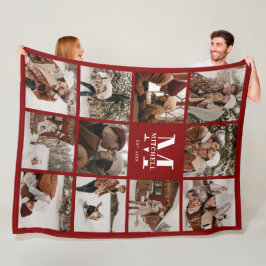 Burgundy Family Photo Collage Monogrammed Keepsaky Fleecefilt
