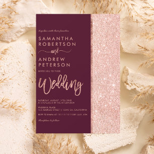 Burgundy färg-blocket Ro guld glitter, bröllop Inbjudningar