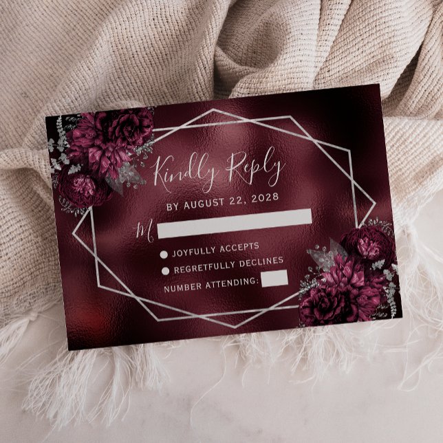 Burgundy Faux Foil Silver Blommigt Ram OSA Kort (Skapare uppladdad)