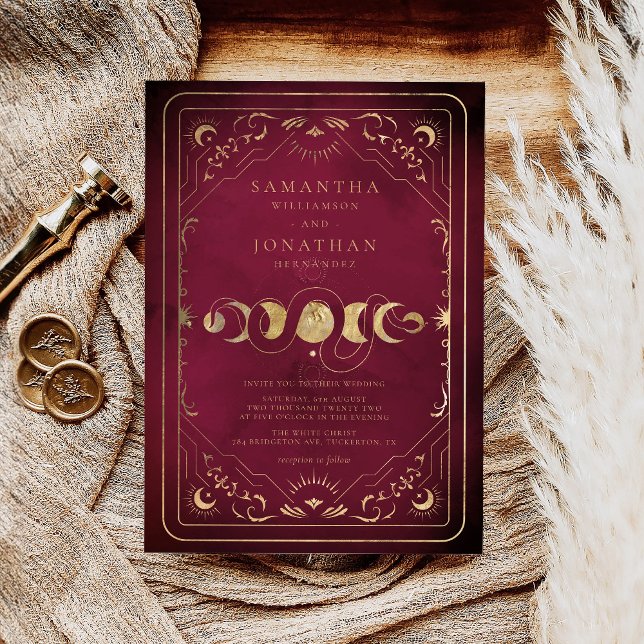 Burgundy & Faux Guld Tarot Celestial Bröllop Inbjudningar (Skapare uppladdad)