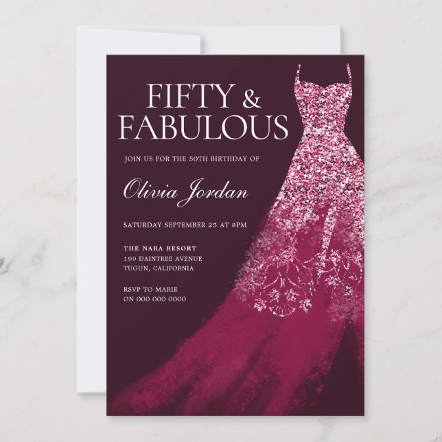 Burgundy femtio och Fabulous Gown 50:e Födelsedags Inbjudningar (Framsida)