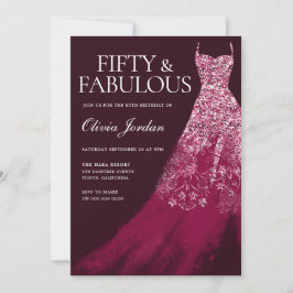 Burgundy femtio och Fabulous Gown 50:e Födelsedags Inbjudningar