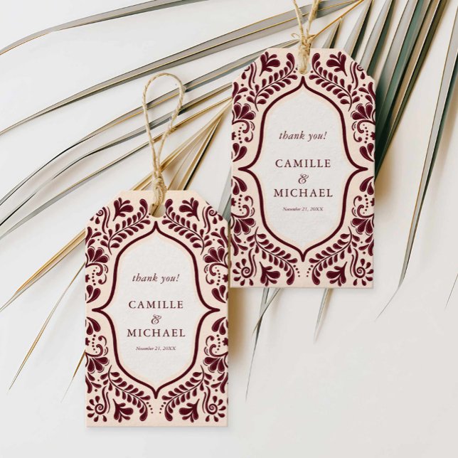 Burgundy Fiesta Bröllopsgåva Tack Tag Presentetikett (Burgundy Talavera Mexican Wedding Favor Tag)