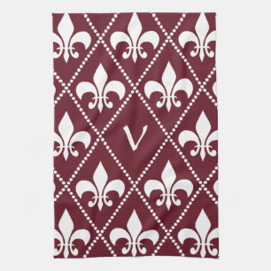 Burgundy Fleur de Lis med den initiala monogramen Kökshandduk
