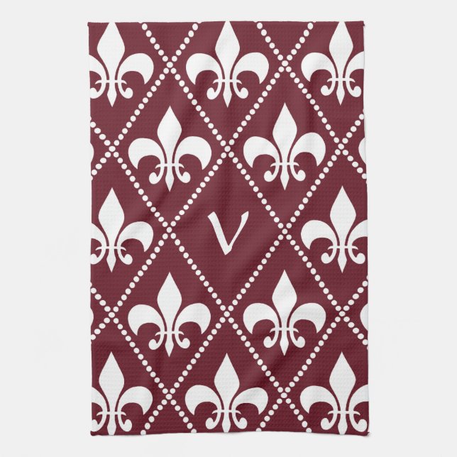 Burgundy Fleur de Lis med första monogram Kökshandduk (Vertikal)