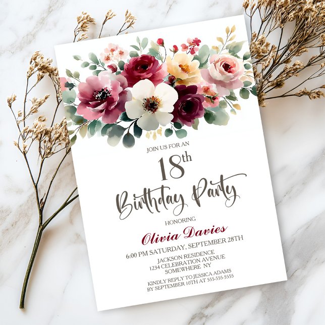 Burgundy Floral 18th Birthday Party Inbjudningar (Skapare uppladdad)