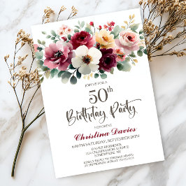 Burgundy Floral 50th Birthday Party Inbjudningar