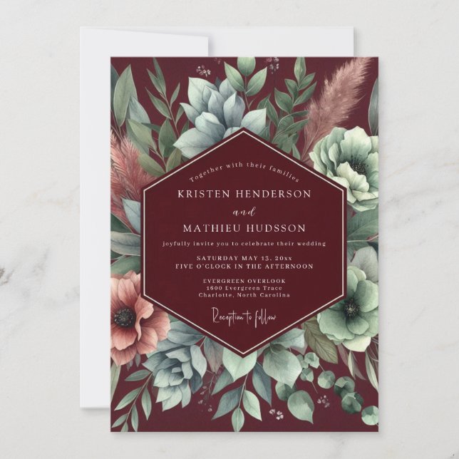 Burgundy Floral Assemblage Wedding Inbjudningar (Framsida)