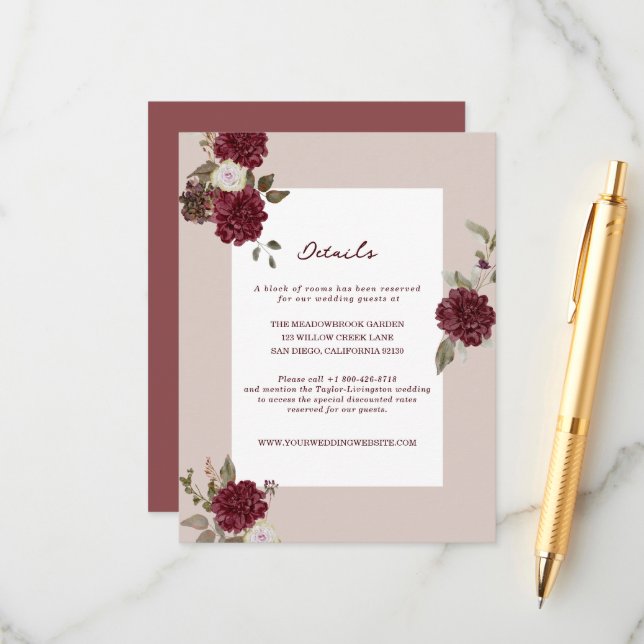 Burgundy Floral Autumn Wedding Details Card Tilläggskort (Fram/Back In Situ)