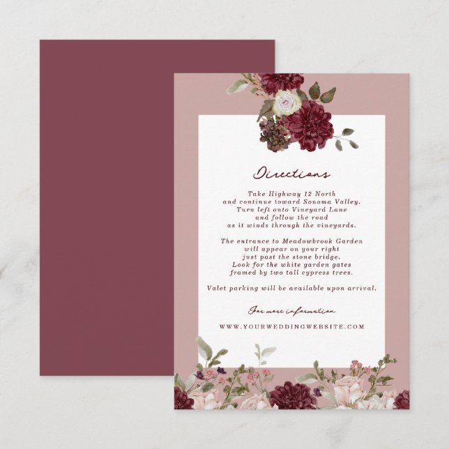 Burgundy Floral Autumn Wedding Directions Card Tilläggskort (Fram/baksida)