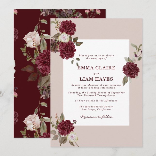 Burgundy Floral Autumn Wedding Invitation Inbjudningar (Fram/baksida)