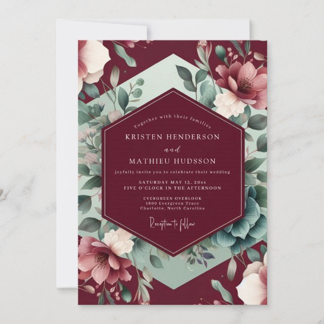 Burgundy Floral Bloom Romance Wedding Inbjudningar (Framsida)