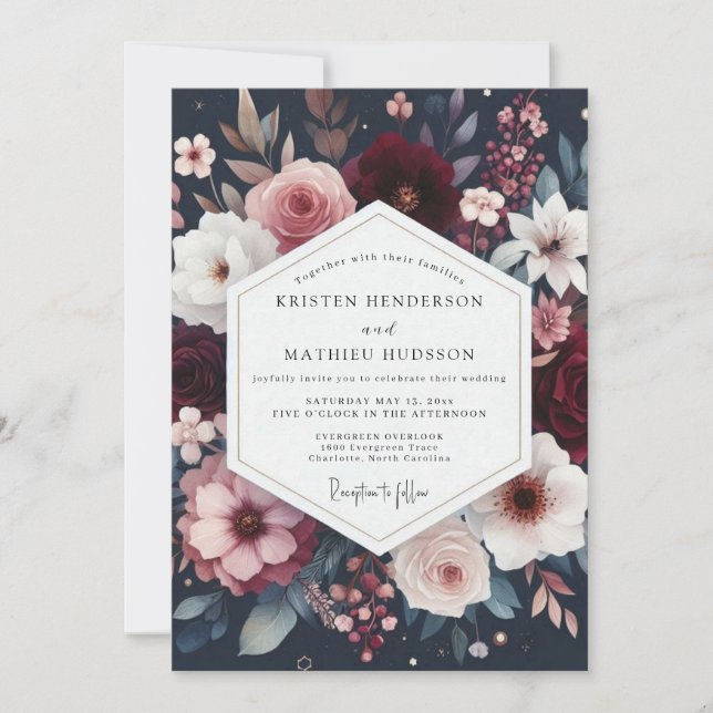Burgundy Floral Bloom Wedding Inbjudningar (Framsida)