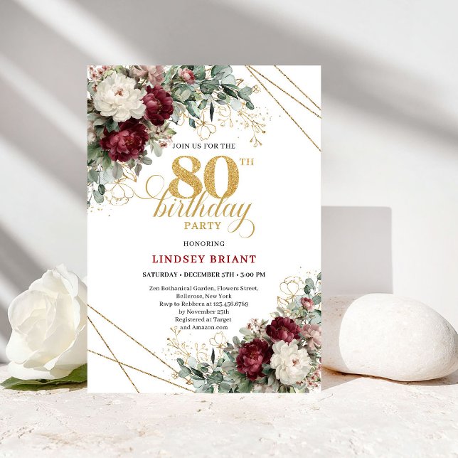 Burgundy Floral Boho Greenery 80th Birthday Inbjudningar (Burgundy Floral Boho Greenery 80th Birthday)