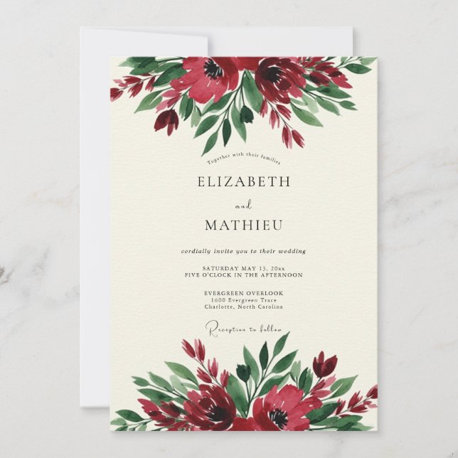 Burgundy Floral Botanical Wedding Inbjudningar (Framsida)