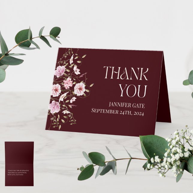 Burgundy Floral Bridal Shower Thank You Card  Tack Kort (Skapare uppladdad)