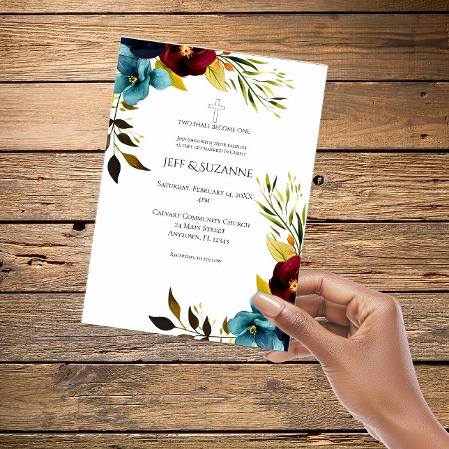 Burgundy Floral Cross Two Become One Wedding Inbjudningar (Burgundy Floral Cross Two Become One Wedding Invitation
)