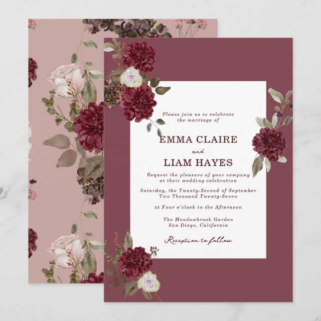 Burgundy Floral Deep Wine Old Money Wedding Inbjudningar (Fram/baksida)
