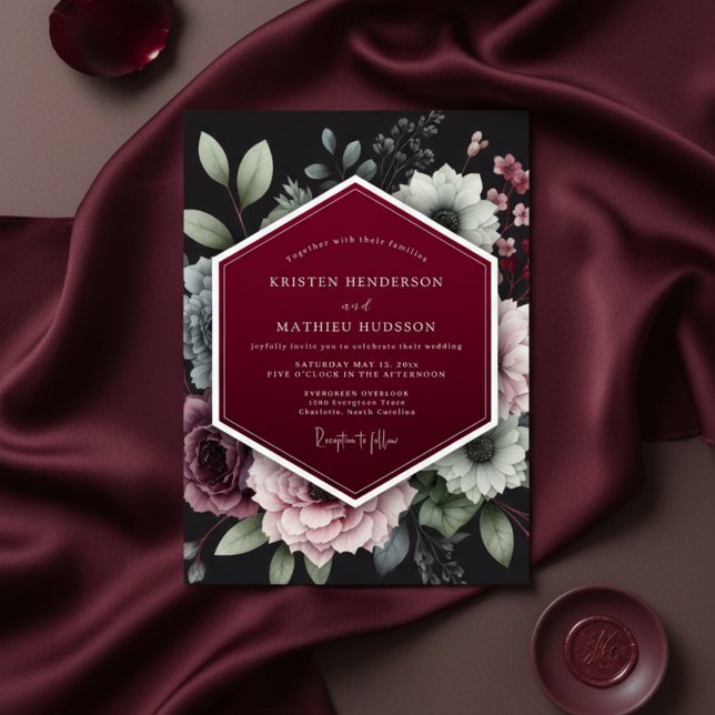 Burgundy Floral Dusk Wedding Inbjudningar (Skapare uppladdad)