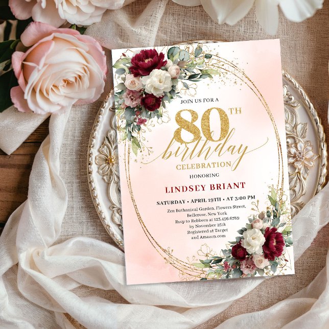 Burgundy Floral Elegant Gold 80th Birthday Invite Inbjudningar (Burgundy Floral Elegant Gold 80th Birthday Invitation)