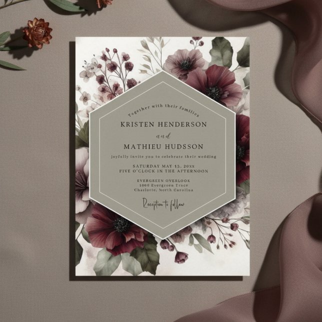 Burgundy Floral Ethereal Wedding Inbjudningar (Skapare uppladdad)