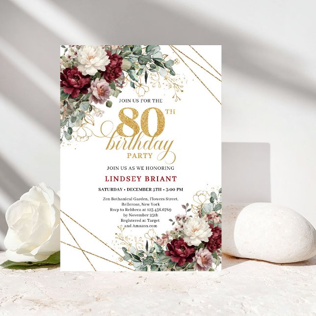 Burgundy Floral Eucalyptus Boho 80th Birthday Inbjudningar (Burgundy Floral Eucalyptus Boho 80th Birthday)