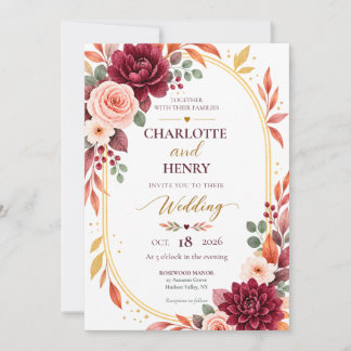Burgundy Floral Fall Wedding Invitation Inbjudningar