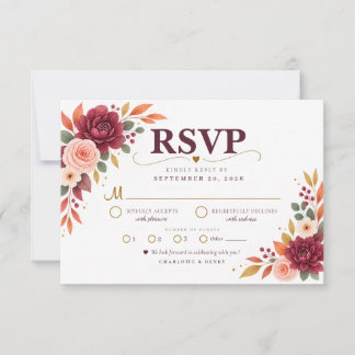 Burgundy Floral Fall Wedding RSVP Card OSA Kort