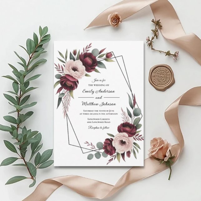 Burgundy Floral Frame Wedding Invitation Inbjudningar (Skapare uppladdad)
