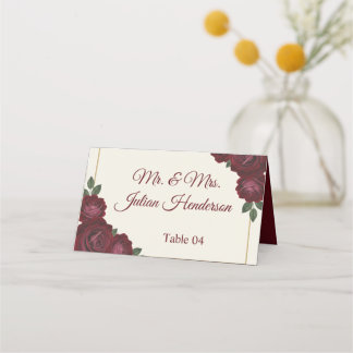 Burgundy Floral & Gold Folded Wedding Place Card Placeringskort