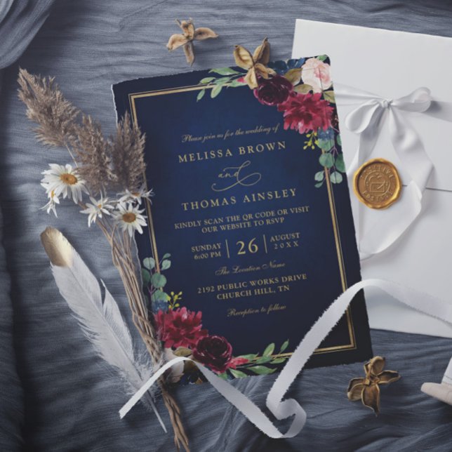 Burgundy Floral Gold Navy Blue QR Code Wedding Inbjudningar (Skapare uppladdad)